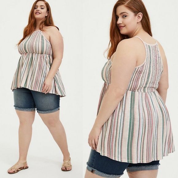 torrid Tops - TORRID Multi Stripe Jersey Smocked High Neck Babydoll Top